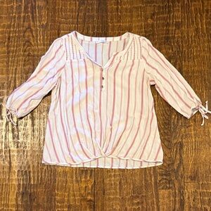 Retrology Pink & White Striped Cinched Waist Blouse | Tie Sleeve Top | Size PM